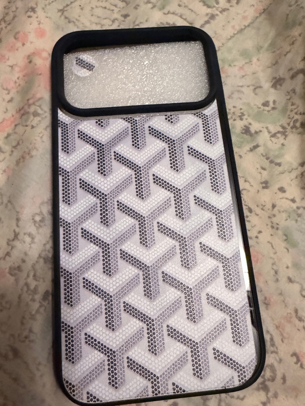 White Geometric Pattern Phone Case with Black Trim